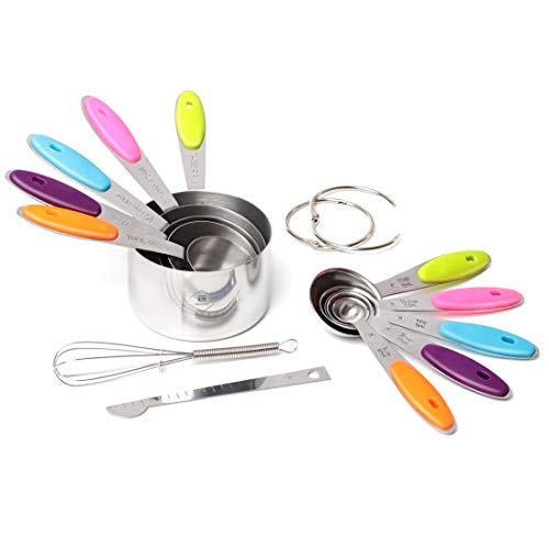 Measuring Cups and Spoons Set by Camvius  Stainless Steel Kitchen Measuring Set  Metal Leveler for Metal Measuring Cups Set  Measuring Set Utility Whisk