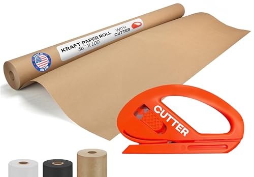 Image of Brown Kraft Paper Roll 36 inch x 1200 inch (100 feet) with Cutter - USA-Made | Quality Paper 50lb Thickness for Wrapping, Packing, Moving, Shipping, & Crafts /Arts - Natural Kraft Material by IDL Packaging