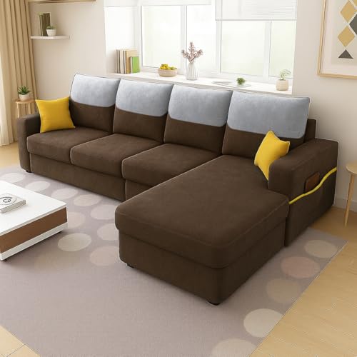 Image of Furny Tokiaa 6 Seater Fabric RHS L Shape Sofa Set (Brown) | Soft Velvet Fabric | Modern Design | Comfortable Seating | Living Room Furniture