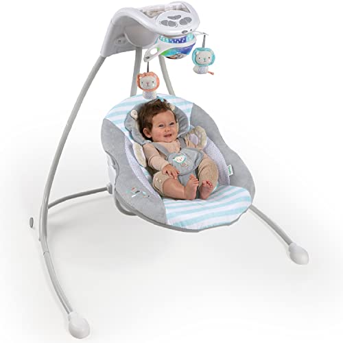 Image of Ingenuity InLighten 6-Speed Foldable Baby Swing with Light Up Mobile, Swivel Infant Seat and Nature Sounds, 0-9 Months 6-20 lbs (Blue Landry the Lion)