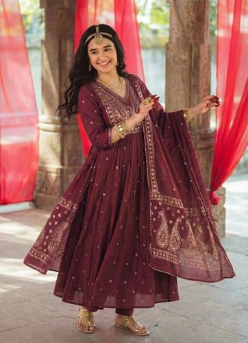 Image of GoSriKi Rust Anarkali Kurta Set for Women with Dupatta | Cotton Kurti Set for Woman | Embroidered Anarkali Suit for Women Kurti Pant Set with Dupatta | Suit Set for Women Latest