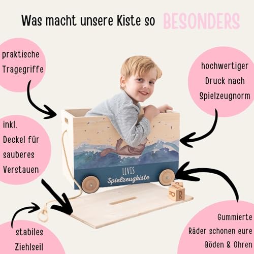 Wunderwunsch® - Personalisierte Spielzeugkiste mit Rollen, Spielzeugaufbewahrung, Geburt Geschenk, Bücherkiste, Holzbox (Hase Schatzkiste)