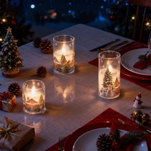 Image of Wondise Chrismtas Snowman Glass Flameless Candles with Remote Timer, Battery Operated Real Wax LED Flickering Pillar Candles with Christmas Tree Decal for Christmas Decoration