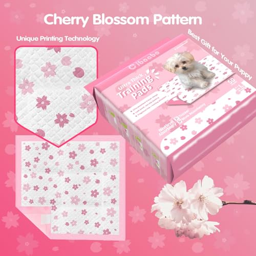 Image of Cibaabo Pink Puppy Pads with Adhesive Tabs 23x23in 50 Count Super Absorbent | Cute Cherry Blossom Design | Dog Potty Training Pee Pads | Leak-Proof | Quiky-Dry | for Puppies, Small Dogs, Cats, Rabbits
