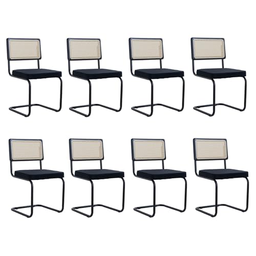 BenyLed Lot de 8 Chaises de Salle à Manger en Velours avec Pieds en Métal Chromé ; Chaises de Cuisine Modernes avec Dossier en Bois Massif de Rotin (Noir-...