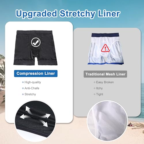 Image of Mens Swim Trunks Compression Liner No Mesh Swimming Trunks Men Swimwear Quick Dry Above Knee Zipper Pocket Swim Shorts