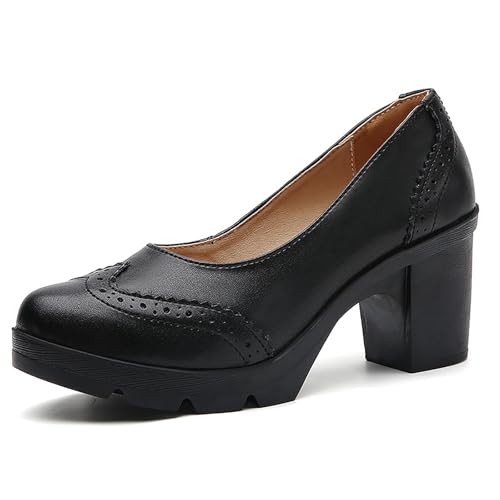 Women's Wingtip Pointed Toe Platform Chunky Heel Pumps Retro Slip on Comfort Anti-Slip Lug Sole Dress Block Heel Shoes for Business Office Work