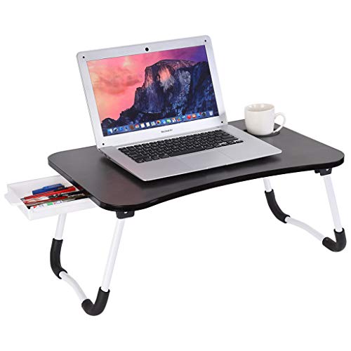 Swiusd Portable Laptop Bed Tray Desk with Storage Drawer, Table Notebook Stand Reading Holder with Foldable Legs & Cup Slot, Breakfast Serving Tray, Dorm Desk (Black, 23.6x15.7x11 inches)