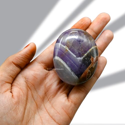 Image of Crystal Heaven Certified Amethyst Chevron Palm Pebbles Stones For Anxiety Stress Relief Massage - Aaa Grade Original Healing Gemstone Agate Palm Stone For Yoga Meditation Spiritual Reiki Feng Shui