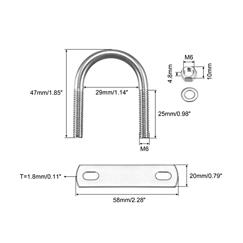 Image of uxcell Round U-Bolts, 29mm(1.14 inch) Inner Width 47mm Length M6 304 Stainless Steel U Clamp Bolt with Nuts Washers and Plates, for Boat Trailer