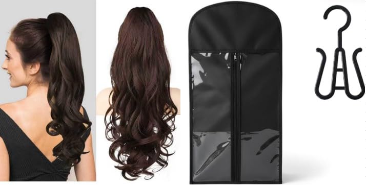 Hoxfly Coleta Postiza Pelo Natural, 60cm Coleta Postiza Pelo Natural y Bolsa para Polvo, Larga Rizado Postizos De Pelos naturals, Corn Wave Ponytail Extensions Para Mujeres(Marrón Oscuro)