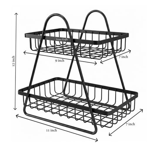 Image of 2 Tier Metal Fruit and Vegetables Basket with Handle|Fruit Vegetables Snacks and Bread Organizer for Kitchen, Dining Table, Livingroom|Bathroom Countertop Basket Stand - Black
