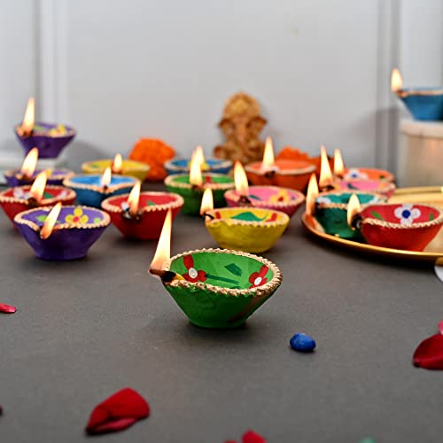 Image of Colourful Handmade Diyas for Diwali Hand Painted Decorative Clay Mitti Diya Deepak Lanterns for Diwali Decoration (HandpaintedPlainDiya 31)