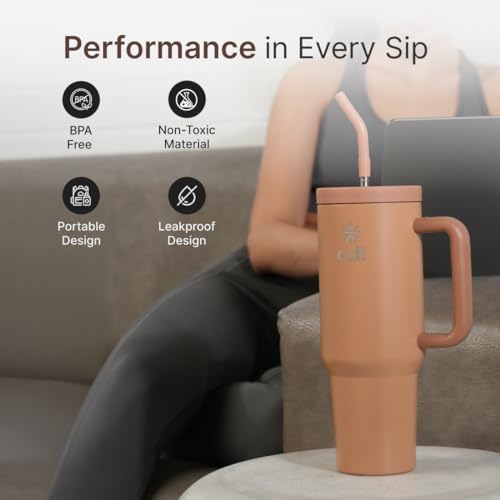 Image of Cult 1200ml Stainless Steel Insulated Tumbler with Handle, Straw & Cleaner Double Wall Vacuum Bottle for Hot & Cold Drinks Leakproof Travel Mug Reusable for Gym, Office & Travel Brown