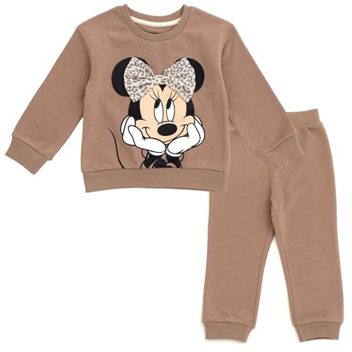 Disney Minnie Mouse Little Girls Fleece Drop Shoulder Pullover Sweatshirt and Jogger Pants Outfit Set Mocha Brown 5