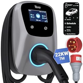 Tera Smart EV Chargeur Type 2 Wallbox: Borne de Recharge Vehicule Electrique 22kw Triphasé 32A 400V CE Certifié avec APP WiFi Bluetooth, 7M Câble de Recharge, Support Mural de Chargeur pour EVs PHEVs
