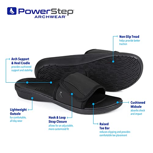 PowerStep Archwear, Mens Orthotic Sandals, Neutral Arch Support, Slide On Sandal, Plantar Fasciitis Relief, Men's Orthotic Slip On Sandal, Casual Slide Sandal, Non Slip, Adjustable Strap, Black, 133