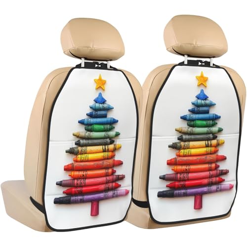 Crayons Christmas Tree Simple Car Seat Back Kick Protectors,2 Pack Kick Mats with Storage Pockets for Vehicles to Protect from Dirt Mud Scratches