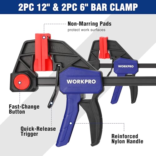 Workpro 10-Pack Clamps For Woodworking, 12 Inch & 6 Inch Bar Clamps, 2 Quick-Release Ratcheting Wood Clamps And 4 Spring Clamps thumb #4