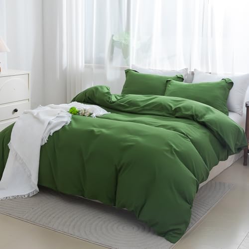 Image of SheRest Olive Green Duvet Cover - Soft Brushed Microfiber, 3 Pieces, 1 Duvet Cover 90x90 Inches with Zipper Closure 8 Ties & 2 Pillow Shams, Breathable Bedding Set for All Season, Queen (No Comforter)
