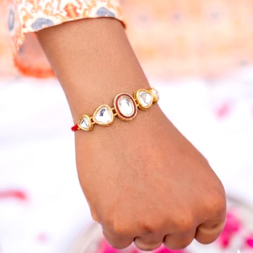 Image of Peora Rakhshabandhan Thread Rakhi for Brother Bhaiya | Kundan Beads & Crystal Studded | Combo Set of 2 | Rakhi Hamper Roli Chawal & Greeting Card