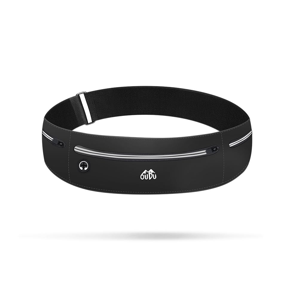 LEEPATUltralight Running Belt, Water-Repellent Sports Waist Bag, Adjustable Pocket Size, Mobile Phone Bag, 360 Degree Reflective Bum Bag for Jogging, Fitness, Cycling and Travel, black, standard size