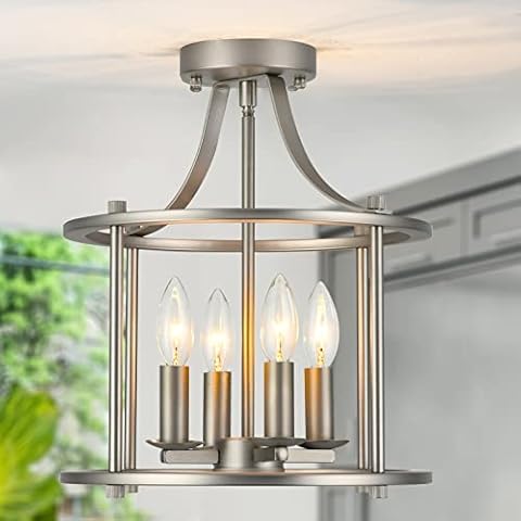 Capslpad 4-Light Farmhouse Semi Flush Mount Ceiling Light Fixture,Brushed Nickel Industrial Ceiling Light E12 Base Metal Rustic Chandelier Lighting for Dining Room Kitchen Bedroom Hallway Entryway Cover