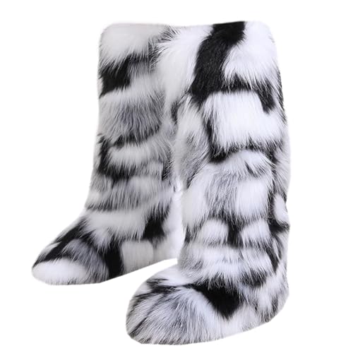 Women's Faux Fur Boots Long Furry Knee High Boots Winter Comfy Plush Warm Snow Boots Fuzzy Outdoor Boots Fluffy Indoor Flat Shoes