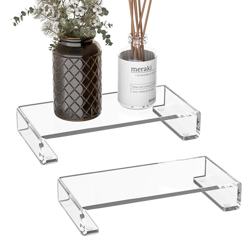 Sezanrpt Acrylic Tray Pedestal Stand Bathroom Décor, Crystal Clear Display Risers Kitchen Resist Dirt and Moisture, Soap Dish Holder for Counter, Sink, Vanity, 8.66'' x 3.9''