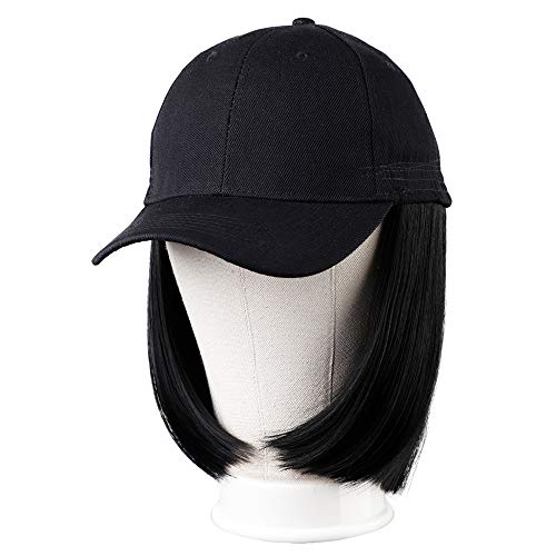 LNERATO Hat Wigs for Women Baseball Cap Wig with Straight Hair Extensions Short Black Bob Synthetic Wig Hat Adjustable with Magic Paste