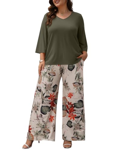 Auciccoo Womens Plus Size Lounge Sets 2 Piece Outfits 3/4 Sleeve Pullover Tops Wide Leg Pants Travel Loungewear