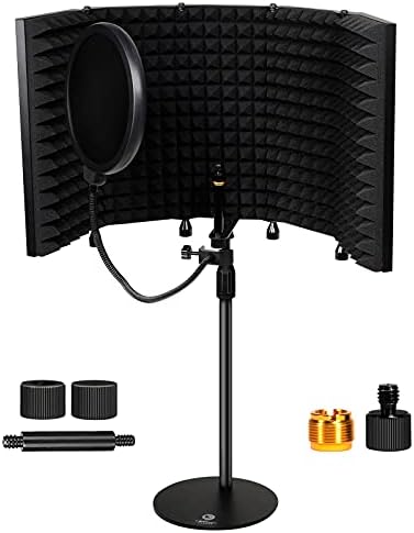 Studio Microphone Isolation Shield with Desk Mic Stand and Pop Filter, High Density Sound Proof Absorbing Foam, Portable Acoustic Treatment Equipment for Recording Mics Home Studio Podcast Vocal Booth