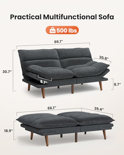 Image of Amada Convertible Futon Sofa Bed - Corduroy Loveseat with Adjustable Backrest & Armrests, Thickened Seat Cushion, Small Space Sleeper Couch for Apartment, Study Room & Office（Gray，66 Inch ）