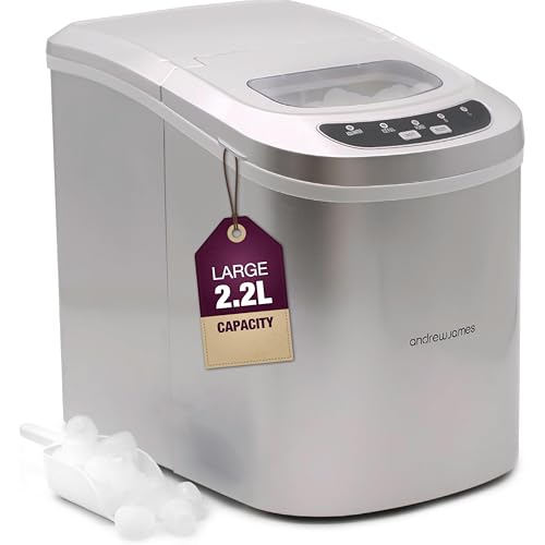 2.2L Andrew James Ice Maker Machine, 12kg of Ice in 24hrs, Portable Countertop Ice Machine for Home, Electric Ice Dispenser with Scoop & Basket, Self-Cleaning, Small or Large Ice Cubes