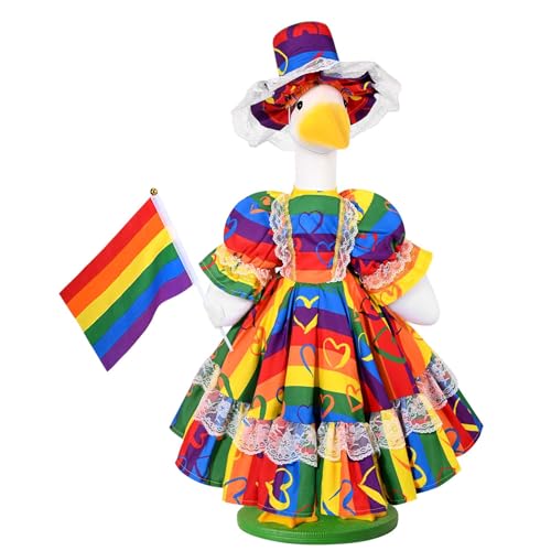Rainbow Goose Outfits Pride Lolita Porch Goose Outfits Lgbtq Porch Geese Clothes with Hat Flag Lawn Geese Accessories Fit 23 Plastic Cement Statue for Pride Month Outdoor Garden Yard Patio Decor
