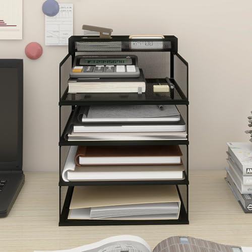 Image of PUNCIA 4-Tier Lengthways Desk Organiser Stackble Metal Mesh Paper Tray A4 Letter File Sorter Desktop Document Magazine Holder Storage Rack for Home Office Study School Black