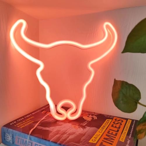Image of Peach Pink Cow Neon Sign Led Cute Western Cowboy Light up Sign for Wall Bedroom Dorm Bar Counter Party Indian Decor,LED Neon Night Lights Battery and Usb Powered,Neon Lights Cow Gifts for Kids