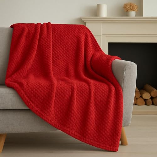 Luxury Popcorn Waffle Fleece Throw Blanket Soft Warm Fluffy Bed & Sofa Blanket for Home Couch & Settee | Thermal Cozy Reversible Design Machine Washable (Red Single (130cm x 150cm))