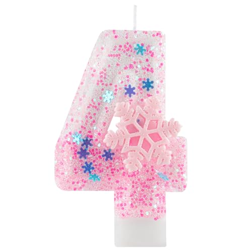 Pink Frozen Snow Themed Birthday Candles,Pink Snowflake Number 4th Birthday Candle for Party Supplies,Winter Frozen Birthday Party Number 4 Cake Topper Decorations