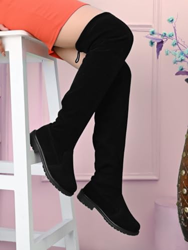 Image of XE Looks Women's Over-the-Knee Long Boots | Stylish Suede Finish with Tie-Up Detail | Comfortable Block Sole Winter Footwear for Girls and Women