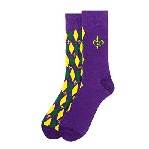 Parquet Fleur de Lis Patterned Crew Socks Mardi Gras Novelty Socks for Men-Purple