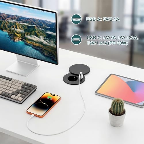 Enchufe empotrable con USB C, toma Schuko y tapa de protección para mesas de oficina 3