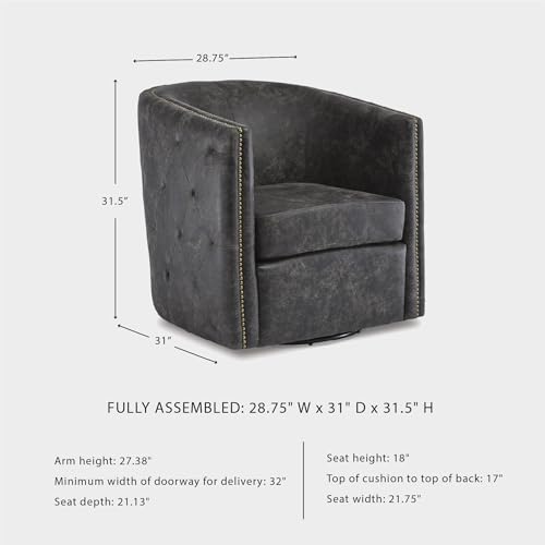 Image of Signature Design by Ashley Swivel Black Faux Leather Accent Chair | Elegant tufted faux leather with brass nailheads, Hidden metal swivel base for effortless conversation, Brentlow Series