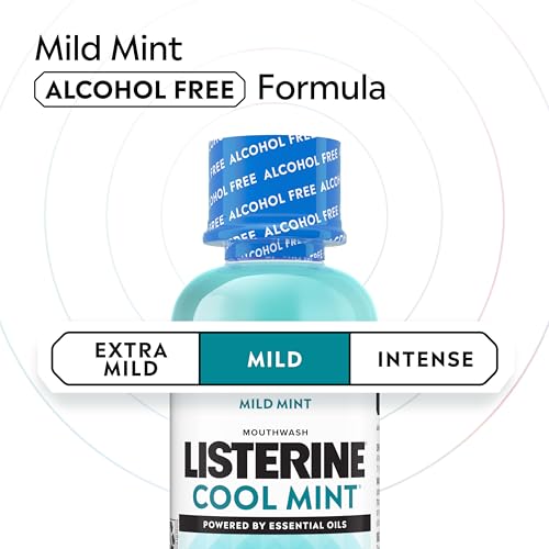 Image of Listerine Cool Mint Alcohol-Free Mild Mouthwash, Oral Rinse Kills 99.9% of Germs that Cause Bad Breath, Less Intense Taste, Mild Mint Flavor, 3.2 fl. oz