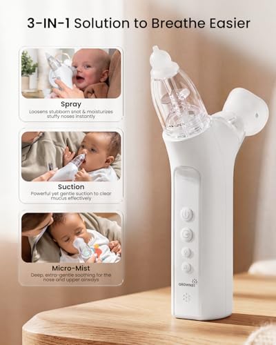 Image of GROWNSY SniffEase Spa 3-in-1 Nasal Aspirator for Baby - Spray, Suction & Mist, Hospital-Grade Powerful Electric Nose Suction with Soothing Light & Music, Larger Chamber (Light Grey)