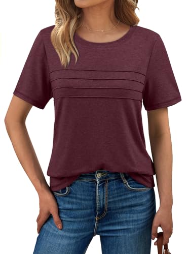 AUTOMET Women's Summer Short Sleeve Shirts Trendy T-Shirts Dressy Casual Blouses 2025 Crew Neck Tunic Beach Fashion Tops