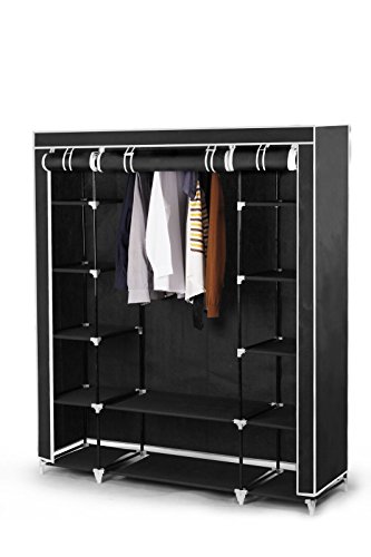 Best For Home XXL 175 x 150 x 45 cm Stoffschrank Kleiderschrank Faltschrank mit Kleiderstange und 11 Regalfächern, inkl. Schutzhülle, viele Aufbauvarianten, CE-Zertifikat schwarz oder grau(Schwarz)