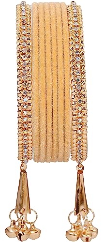 Image of NMII Metal with Zircon Gemstone and Velvet Studded Bells Latkan Bangles Set For Girls and Women I Latkan Bangles, Premium Bangle Bracelet Set I Pack of 16 Bangles