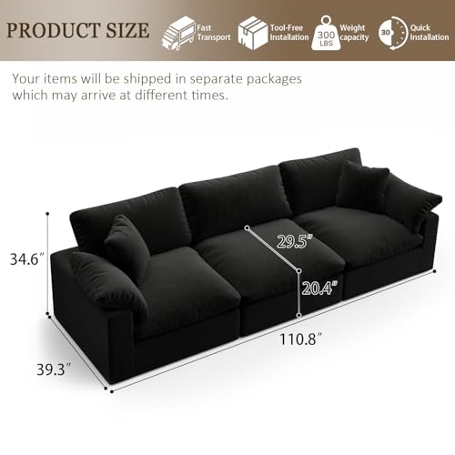 Image of L-Shaped Modular Cloud Sectional Sofa, 2-Seater with Chaise,Modern Down Filled Detachable Couch for Living Room, Office & Small Apartment,Black