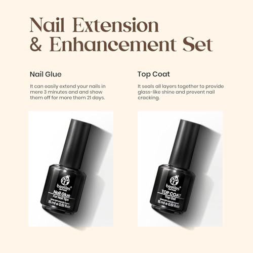 Image of Beetles Gel Nail Glue and No Wipe Top Coat Kit, 2Pcs 15ml 9 in 1 UV Nail Glue for Acrylic Nail Tips Clear Press On Nails, Easy Nail Extension Gel, Soak Off LED Shine Finish DIY Home Manicure